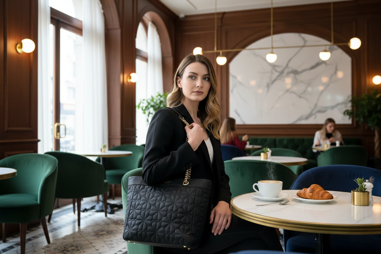 حقيبة كيت سبيد المبطنة والمزينة بالزهور - متوسطة الحجم - سوداء