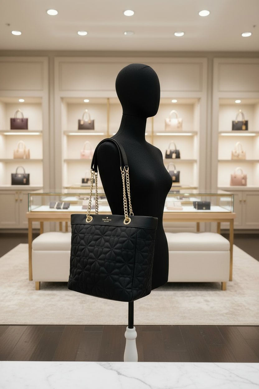 حقيبة كيت سبيد المبطنة والمزينة بالزهور - متوسطة الحجم - سوداء