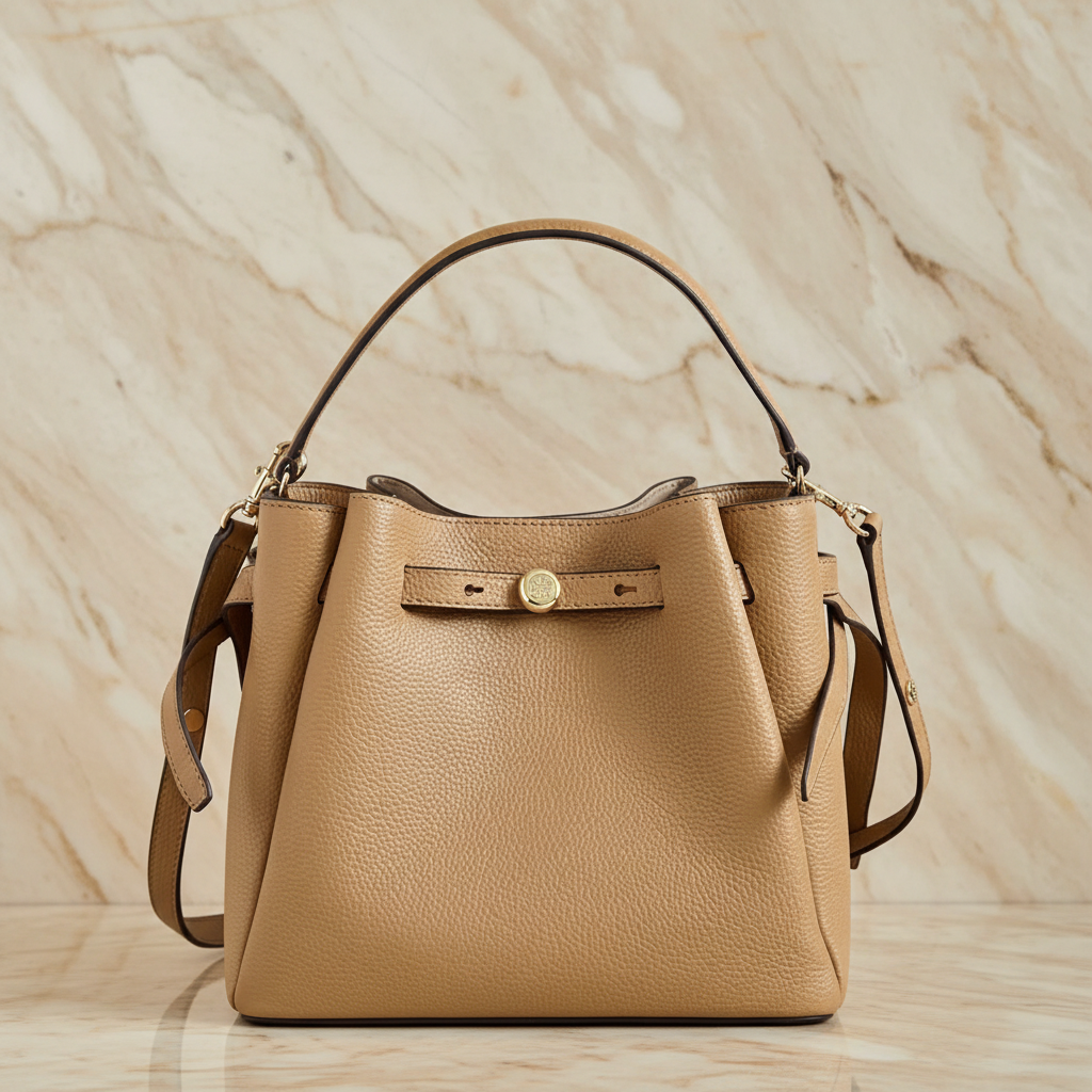 SALE!!! WITH CREASE IN FRONT DUE TO CARGO HANDLING - TORY BURCH SMALL ROMY BUCKET - BROWN
