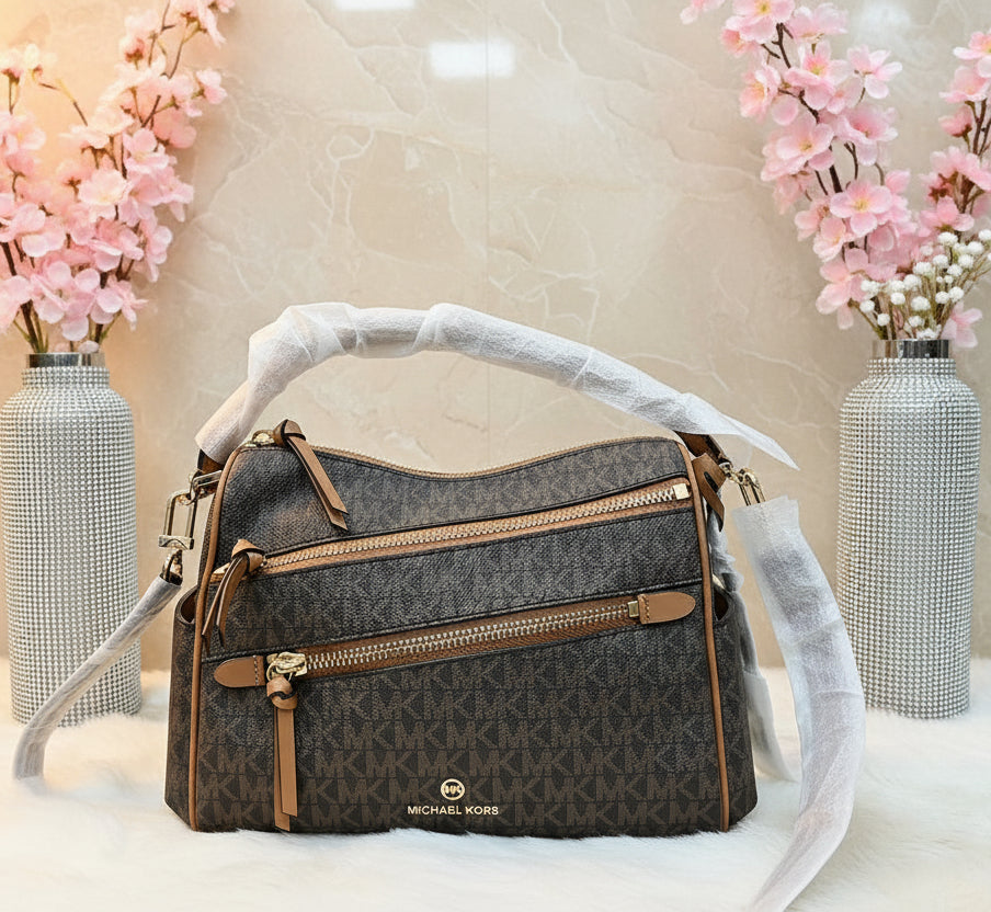 MICHAEL KORS LORIMER SATCHEL IN SIGNATURE BROWN ACORN - MEDIUM ( FROM BOUTIQUE STORE )