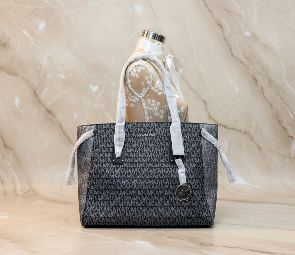 MICHAEL KORS VOYAGER 2 TONE METALLIC LOGO TOTE - MEDIUM