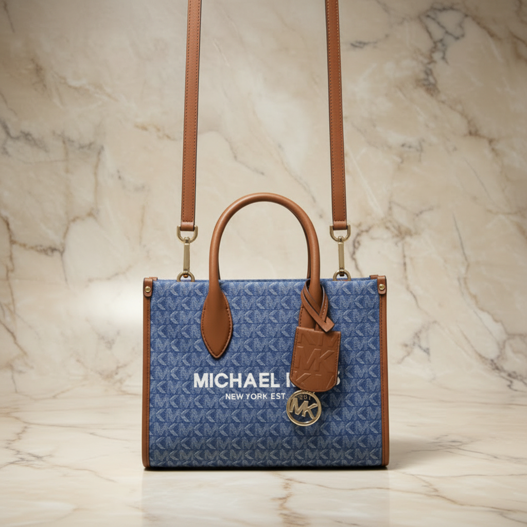 MICHAEL KORS MIRELLA SMALL SHOPPER TOP ZIP CROSSBODY BAG - DENIM MULTI LOGO