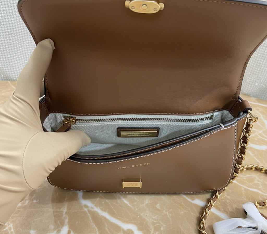 TORY BURCH BRITTEN  BASKET WEAVE CONVERTIBLE CRISSBODY/SHOULDER BAG - MOOSE COLOR