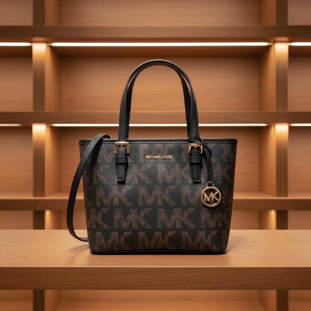MICHAEL KORS JET SET TRAVEL ZIP TOTE XS LOGO BLACK BROWN COLOR