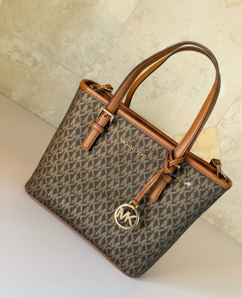MICHAEL KORS XS JET SET CARRYALL TRAVEL ZIP TOTE - BLACK - BROWN MULTI WITH A TOUCH OF METTALIC GOLD