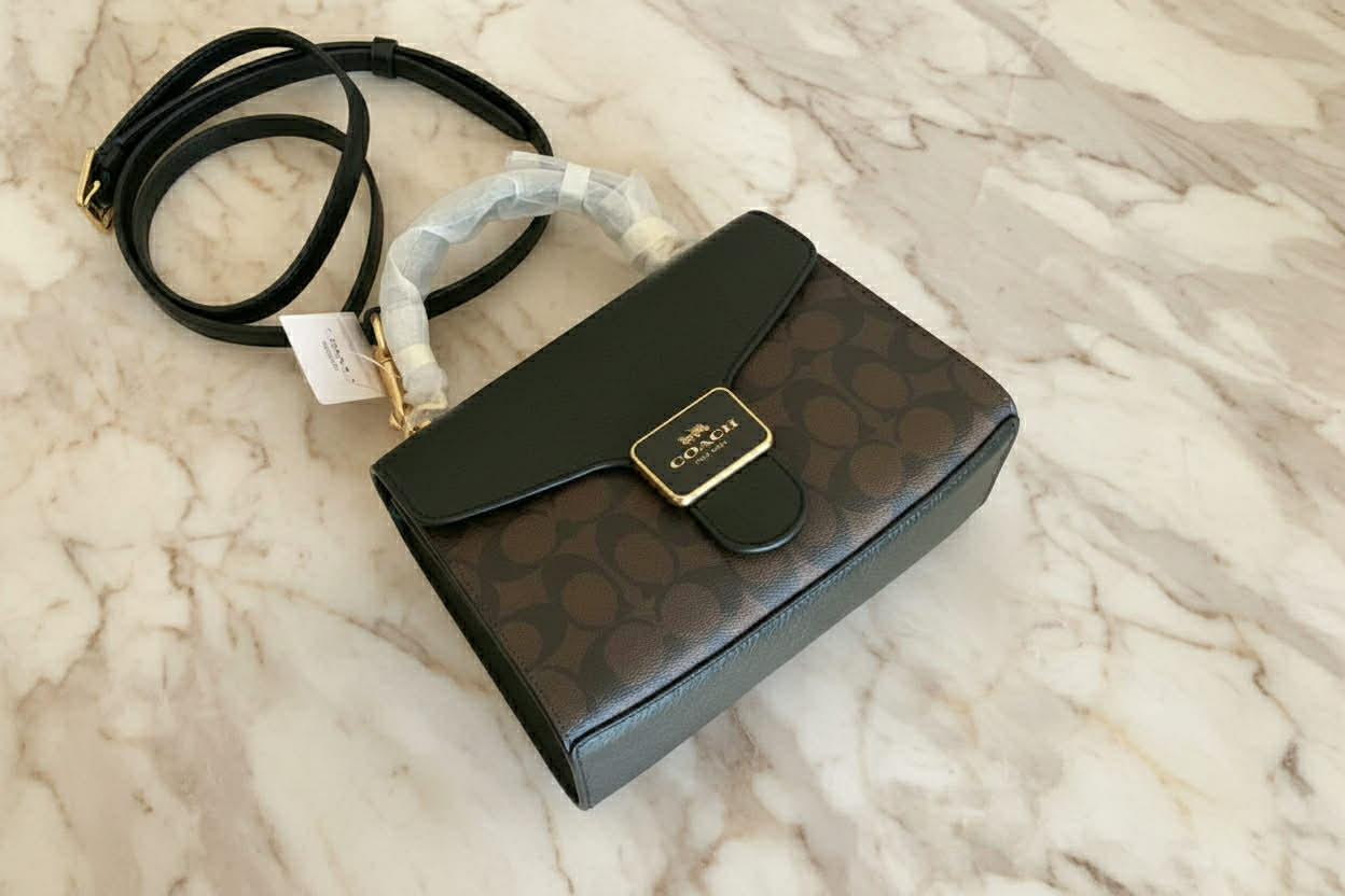 COACH SMALL PEPPER SATCHEL TOP HANDLE IN SIGNATURE BROWN BLACK