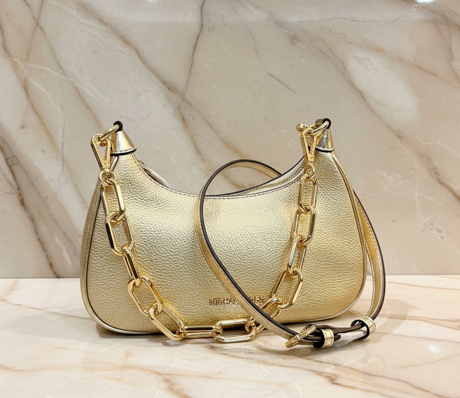 MICHAEL KORS MINI CORA CHAIN SHOULDER BAG/CROSBODY BAG - METTALIC PEBBLE GOLD