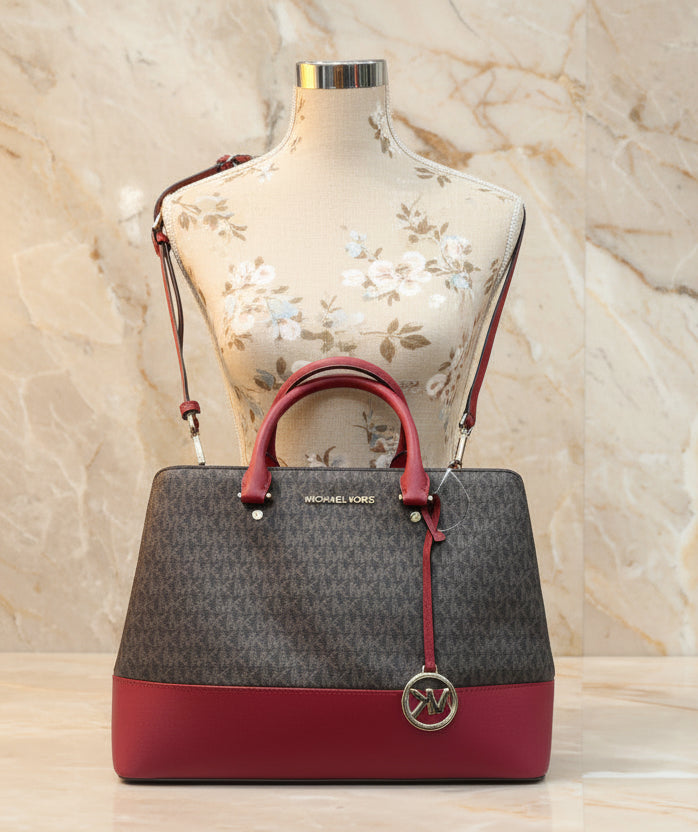 MICHAEL KORS SAVANNAH LARGE SATCHEL IN SIGNATURE BROWN/RED - SCARLET