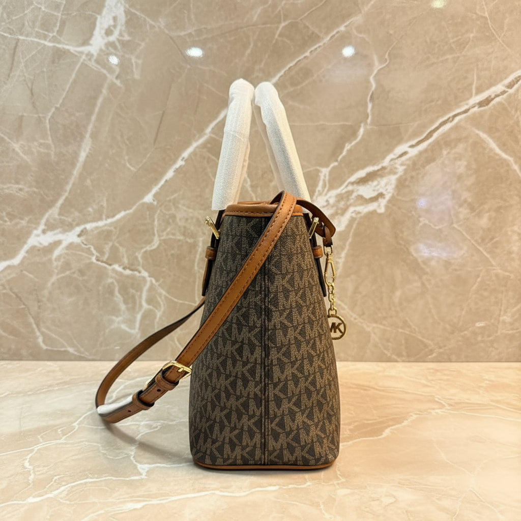 MICHAEL KORS XS JET SET CARRYALL TRAVEL ZIP TOTE - BLACK - BROWN MULTI WITH A TOUCH OF METTALIC GOLD
