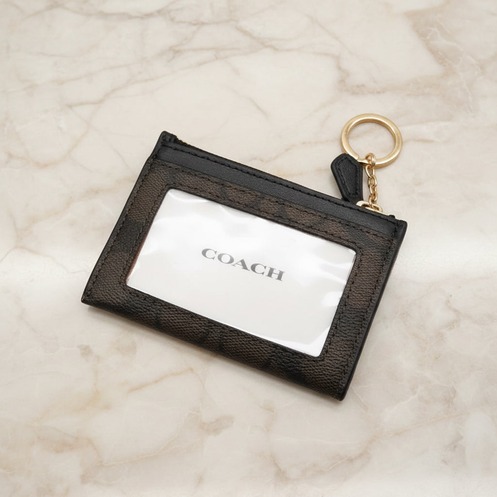 COACH SKINNY CARD CASE WITH KEY RING - SIGNATURE BROWN BLACK