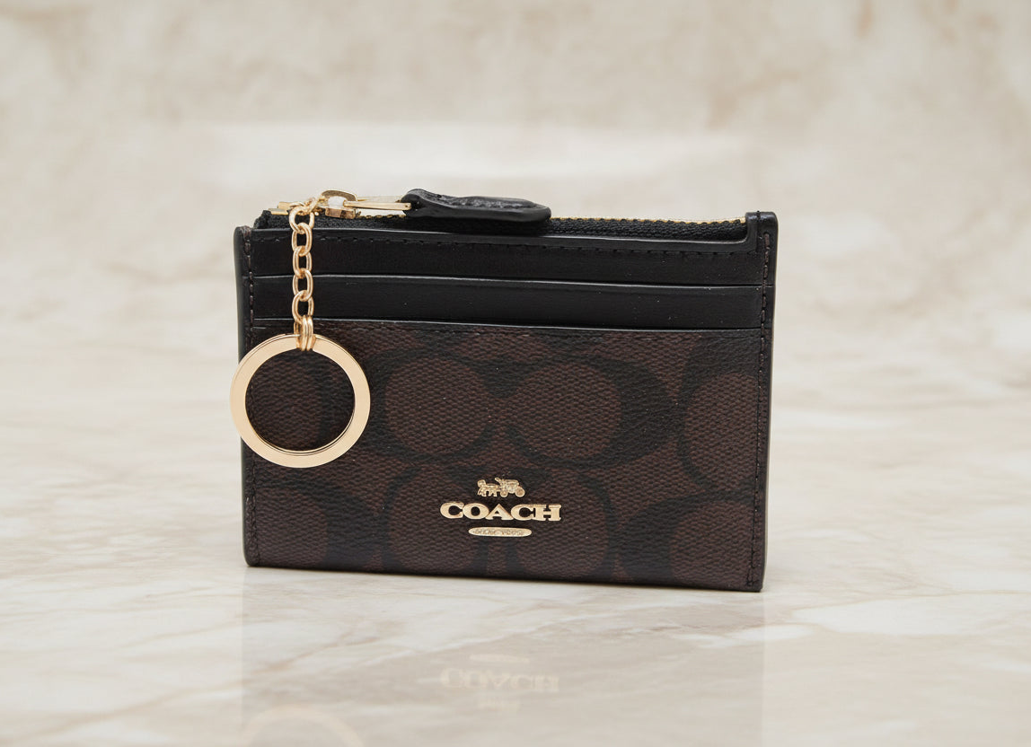 COACH SKINNY CARD CASE WITH KEY RING - SIGNATURE BROWN BLACK