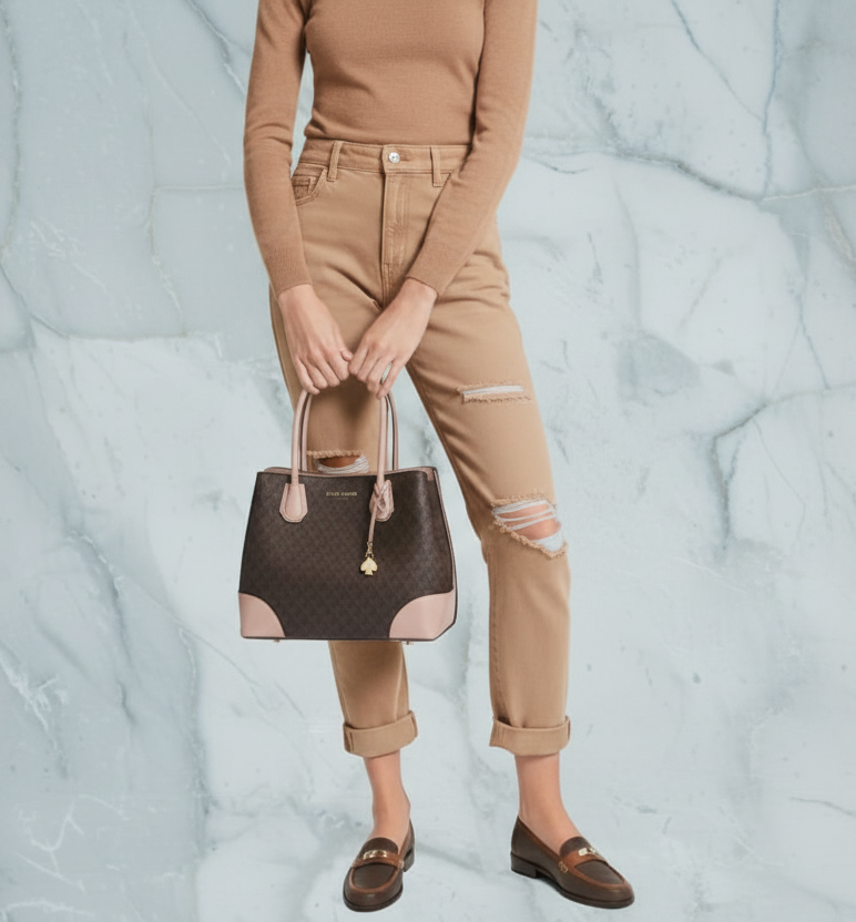 MICHAEL KORS MERCER GALLERY MEDIUM LOGO SATCHEL BAG - BROWN/SOFT PINK