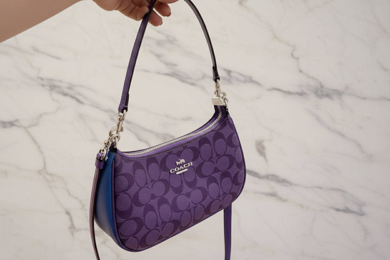 COACH TERI SHOULDER BAG/CROSSBODY BAG - IN SIGNATURE CANVAS PURPLE BLOCKED COLOR