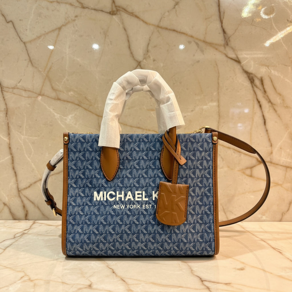 MICHAEL KORS MIRELLA SMALL SHOPPER TOP ZIP CROSSBODY BAG - DENIM MULTI LOGO