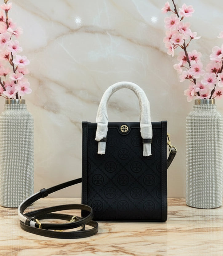 TORY BURCH MINI JACQUARD T MONOGRAM TOTE BLACK
