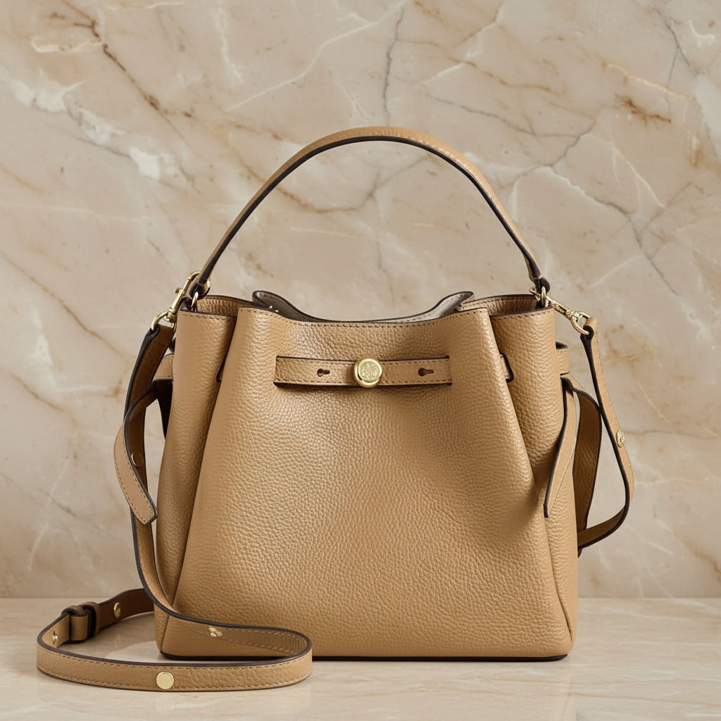 SALE!!! WITH CREASE IN FRONT DUE TO CARGO HANDLING - TORY BURCH SMALL ROMY BUCKET - BROWN