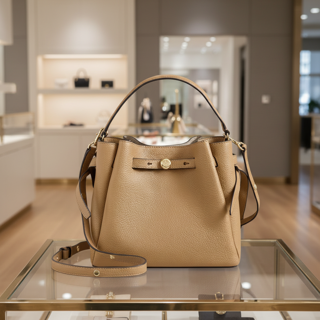 SALE!!! WITH CREASE IN FRONT DUE TO CARGO HANDLING - TORY BURCH SMALL ROMY BUCKET - BROWN