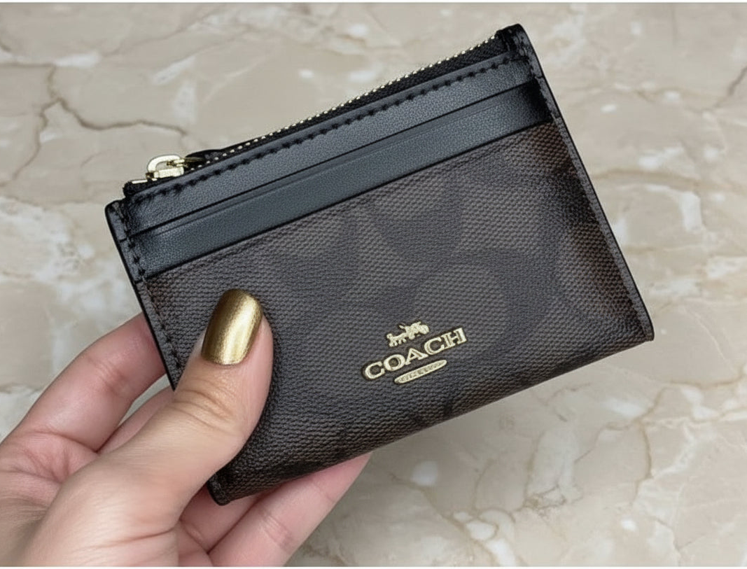 COACH SKINNY CARD CASE WITH KEY RING - SIGNATURE BROWN BLACK