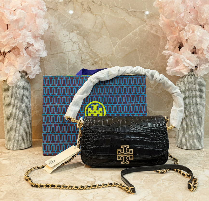 TORY BURCH EMBOSSED CROC BRITTEN CONVERTIBLE SHOULDER BAG/XBODY BAG - BLACK