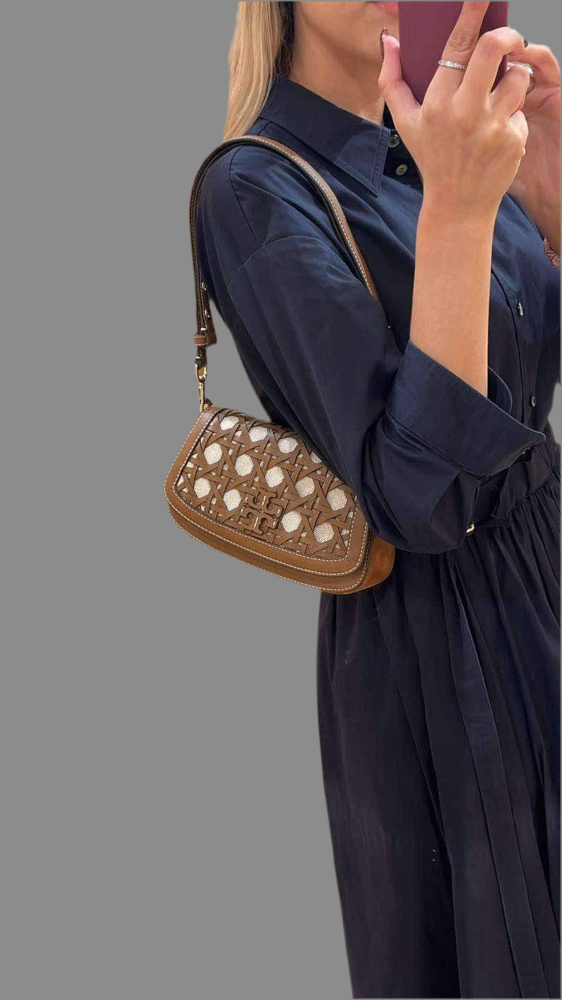 TORY BURCH BRITTEN  BASKET WEAVE CONVERTIBLE CRISSBODY/SHOULDER BAG - MOOSE COLOR