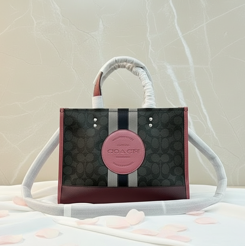 COACH DEMPSEY TOTE CARRYALL MEDIUM IN SIGNATURE JACQUARD CANVAS CENTER STRIPE STRAWBERRY HAZE