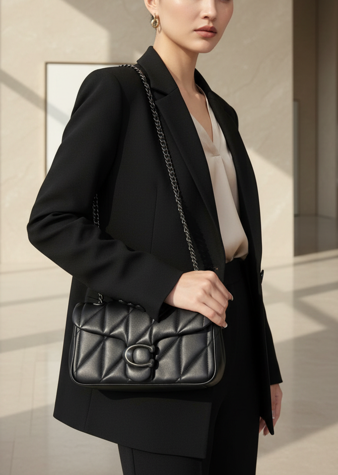 حقيبة كوتش مبطنة بنقشة تابي 20 - جلد نابا - أسود