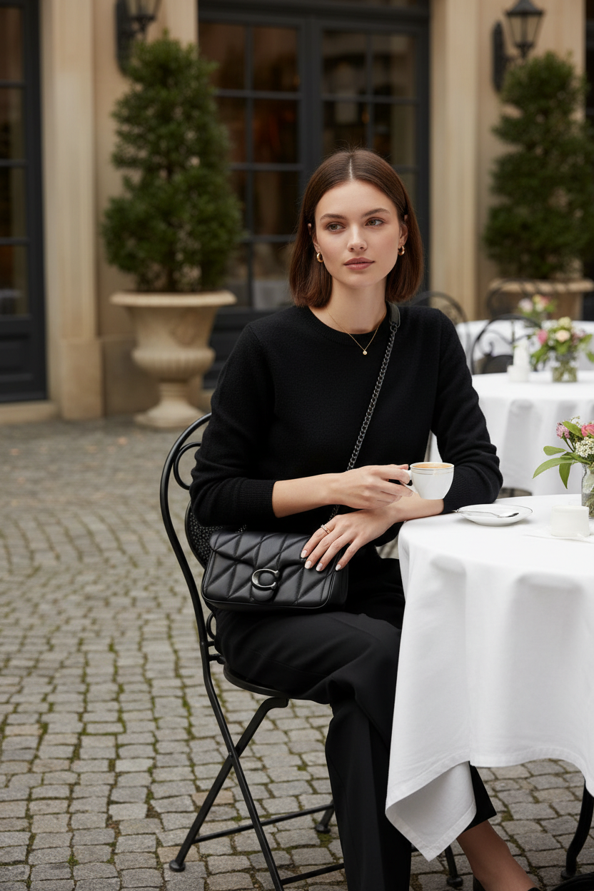 حقيبة كوتش مبطنة بنقشة تابي 20 - جلد نابا - أسود