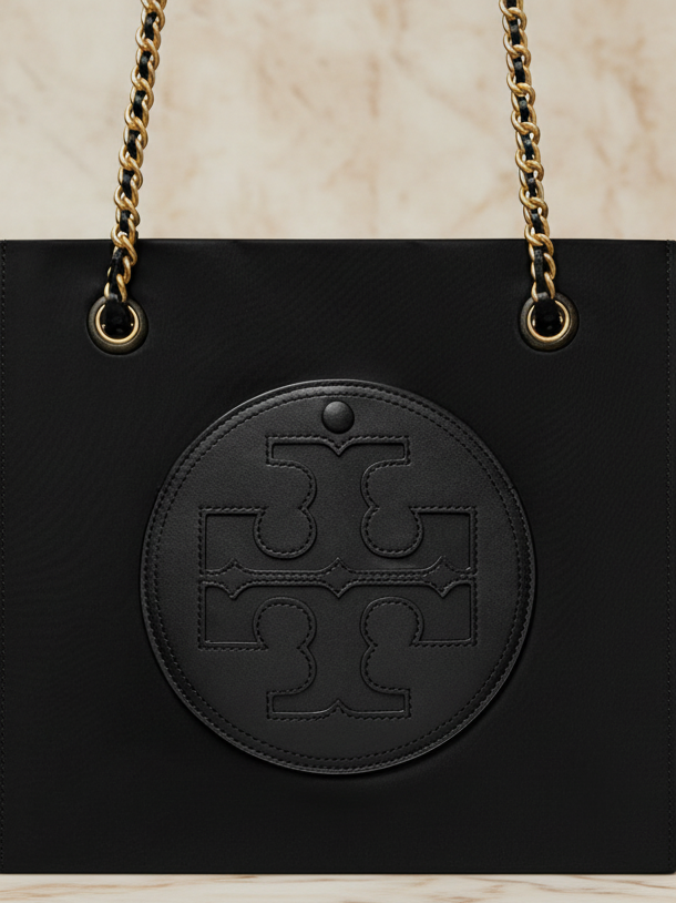 TORY BURCH ELLA PUPPY MAGNETIC CLOSURE CHAIN TOTE - BLACK