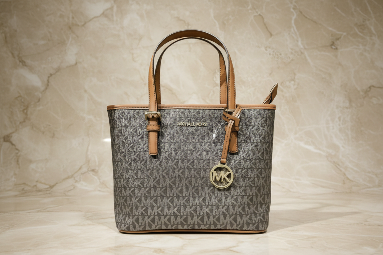 MICHAEL KORS XS JET SET CARRYALL TRAVEL ZIP TOTE - BLACK - BROWN MULTI WITH A TOUCH OF METTALIC GOLD