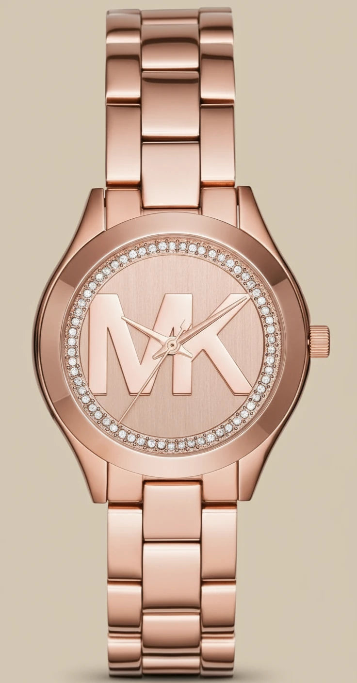 ساعة مايكل كورس ميني سليم رانوي - لون ذهبي وردي - بشعار MK وتصميم مرصع بالكريستال - علبة ساعة مجانية 