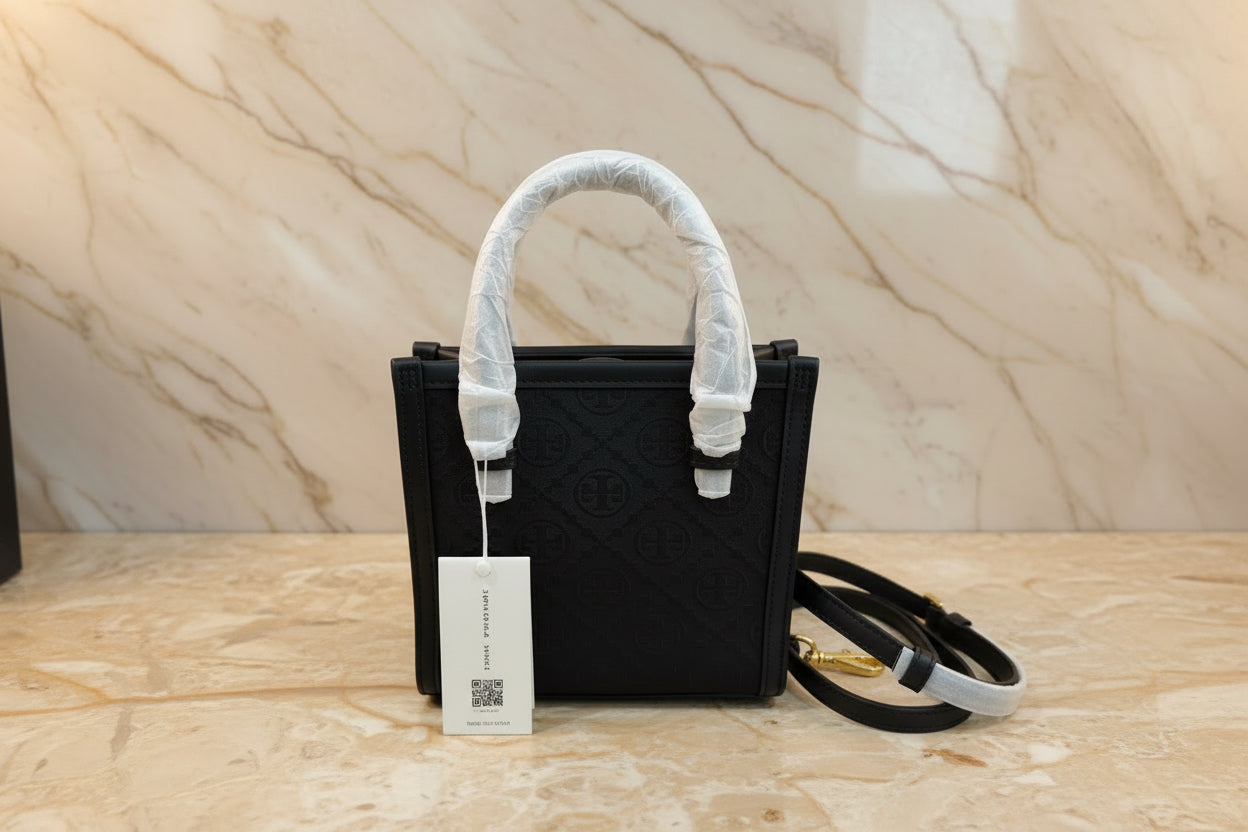 TORY BURCH MINI JACQUARD T MONOGRAM TOTE BLACK