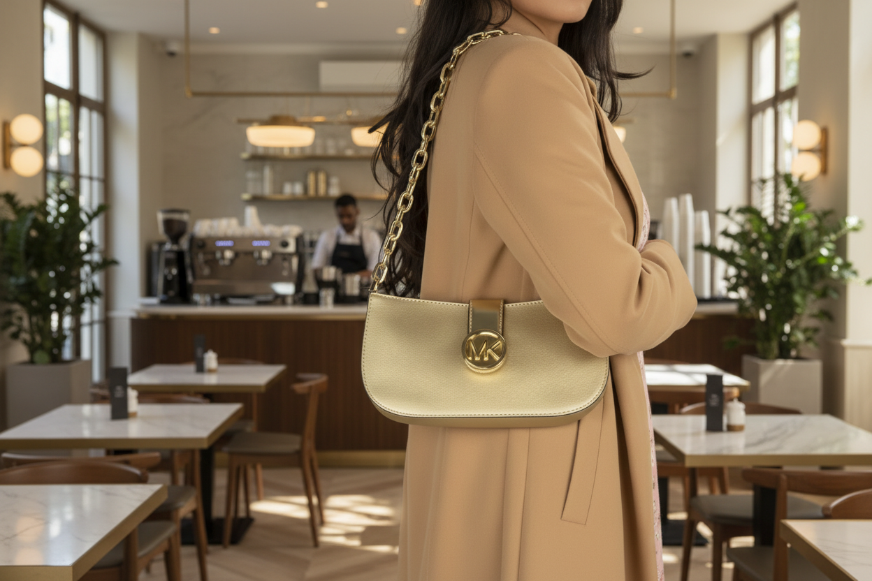 MICHAEL KORS CARMEN POUCHETTE SHOULDER BAG ONLY - PALE GOLD