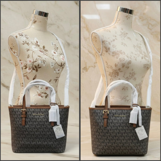 MICHAEL KORS XS JET SET CARRYALL TRAVEL ZIP TOTE - BLACK - BROWN MULTI WITH A TOUCH OF METTALIC GOLD
