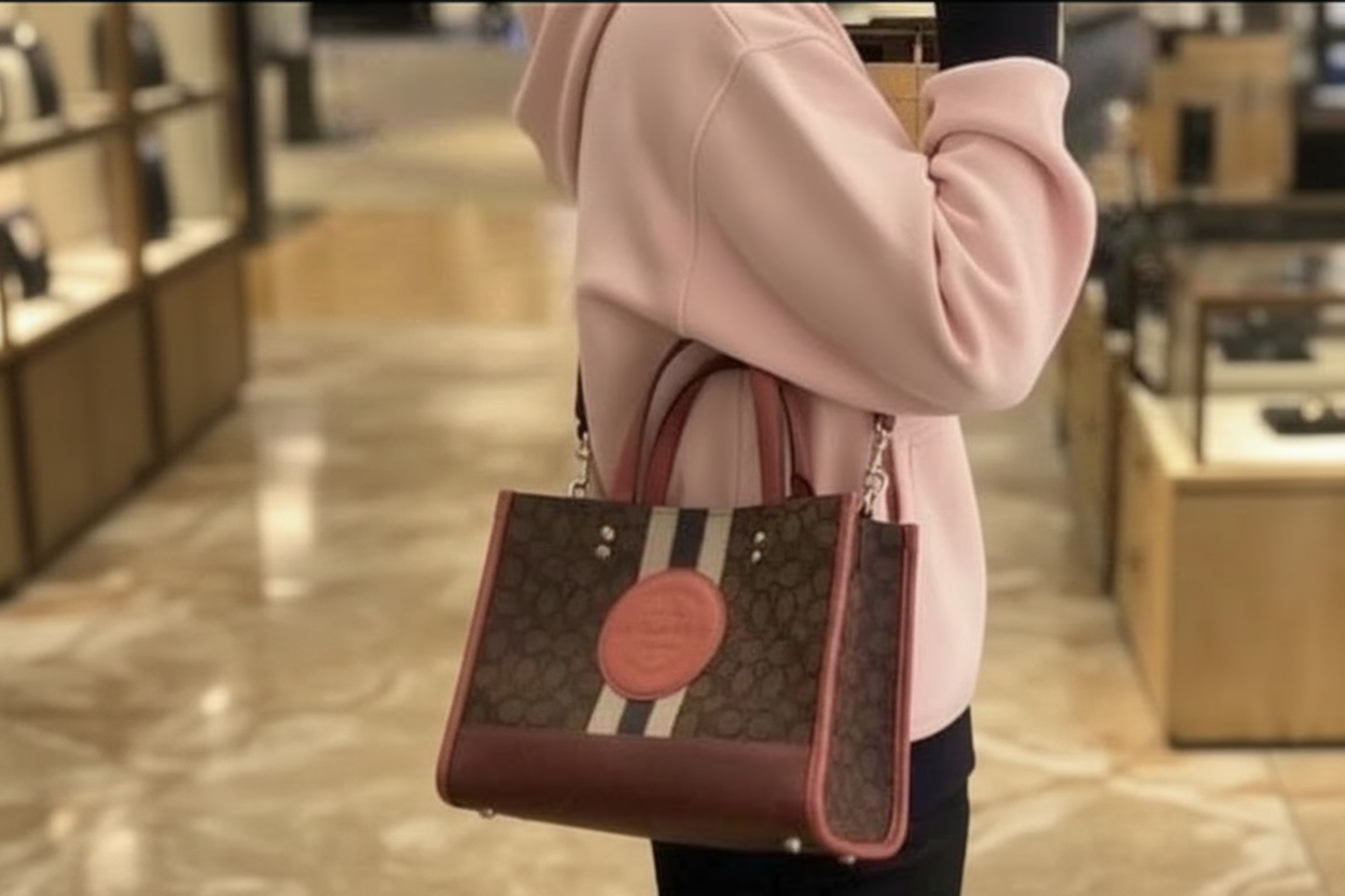 COACH DEMPSEY TOTE CARRYALL MEDIUM IN SIGNATURE JACQUARD CANVAS CENTER STRIPE STRAWBERRY HAZE
