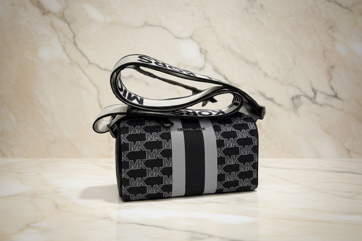 MICHAEL KORS COOPER MINI DUFFLE CROSSBODY IN SIGNATURE CANVAS STRIPE NWT BLACK MULTI