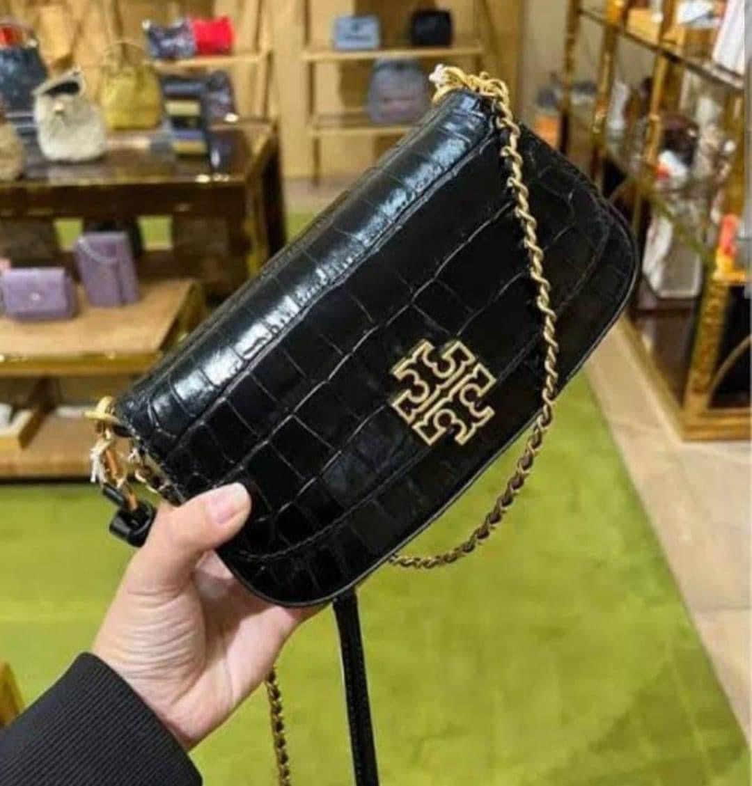SALE! MISSING 1 BUTTON ON SHOULDER STRAP - TORY BURCH EMBOSSED CROC BRITTEN CONVERTIBLE SHOULDER BAG/XBODY BAG - BLACK