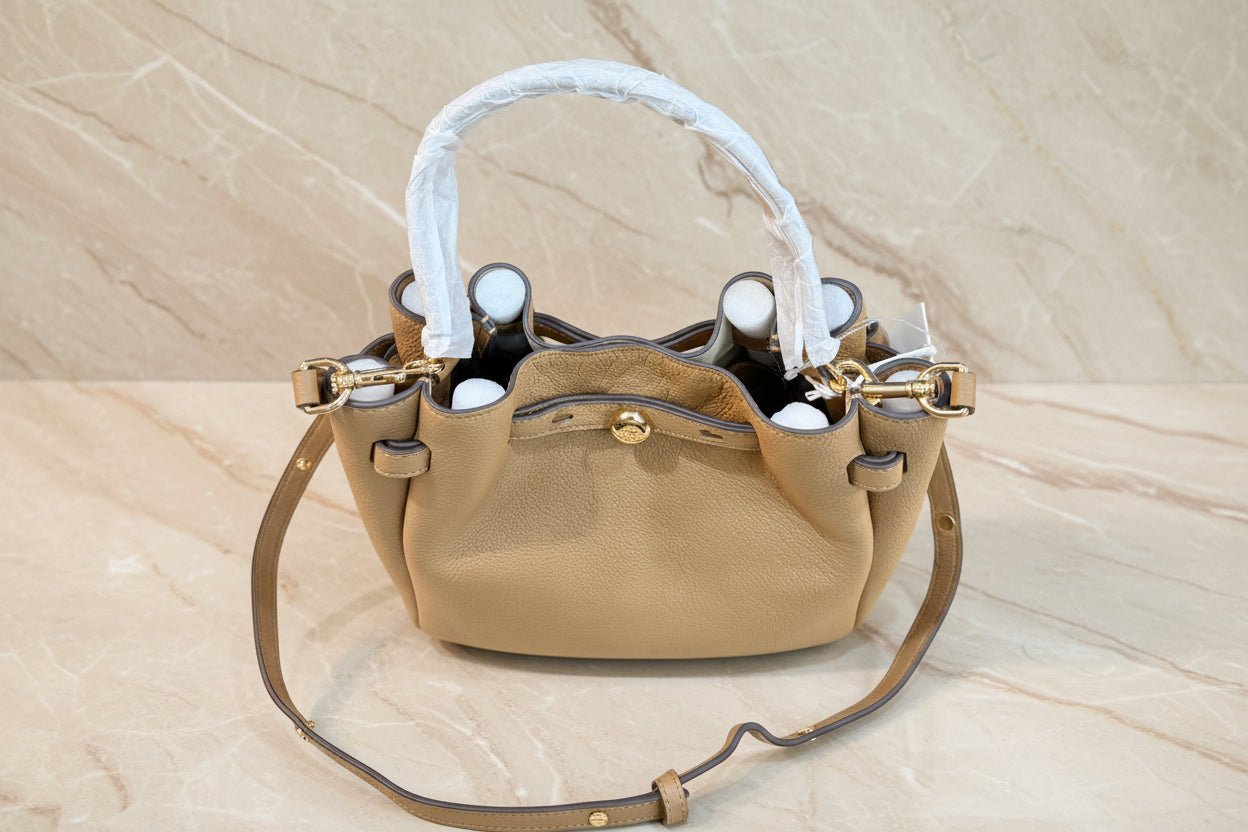 SALE!!! WITH CREASE IN FRONT DUE TO CARGO HANDLING - TORY BURCH SMALL ROMY BUCKET - BROWN