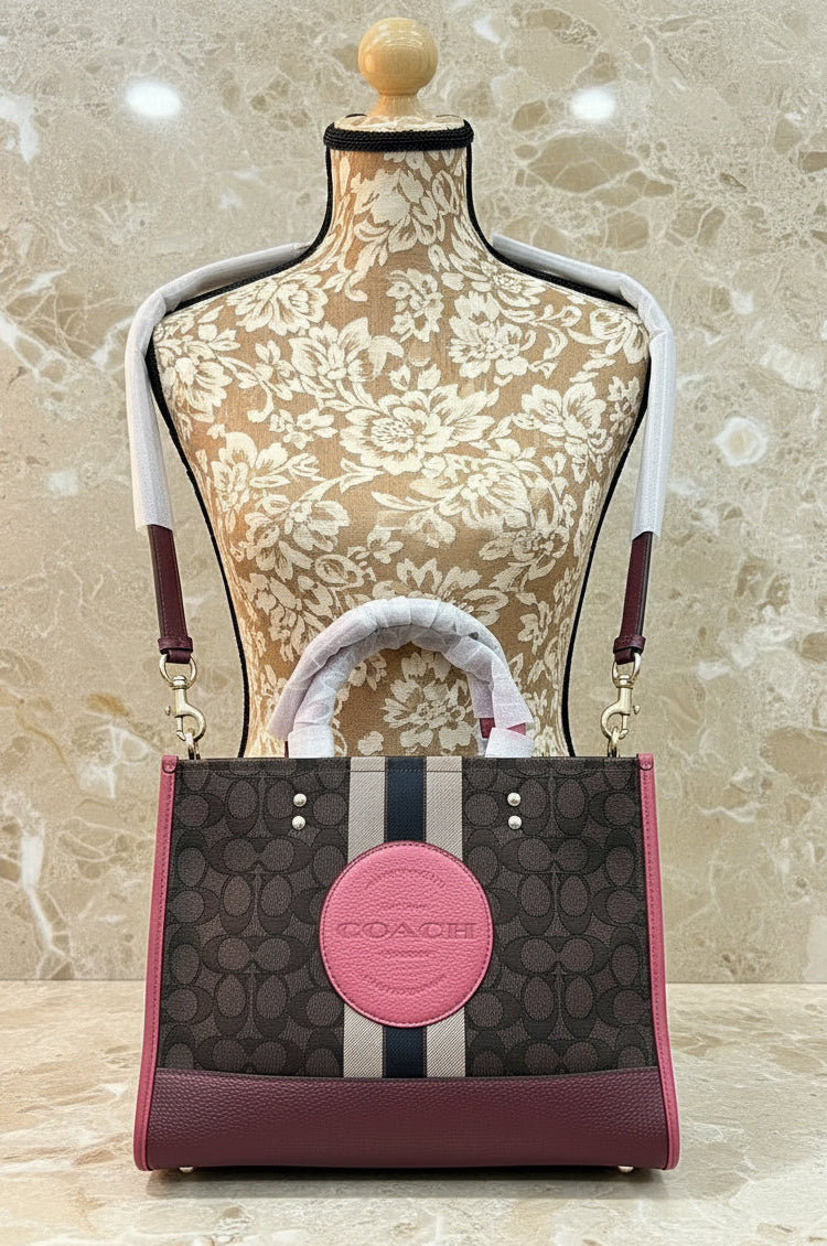 COACH DEMPSEY TOTE CARRYALL MEDIUM IN SIGNATURE JACQUARD CANVAS CENTER STRIPE STRAWBERRY HAZE