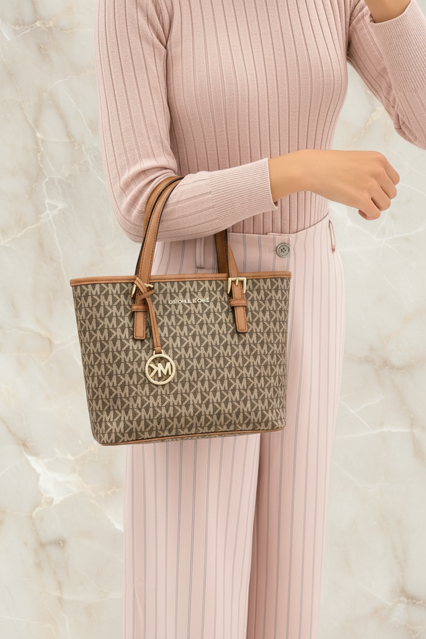 MICHAEL KORS XS JET SET CARRYALL TRAVEL ZIP TOTE - BLACK - BROWN MULTI WITH A TOUCH OF METTALIC GOLD