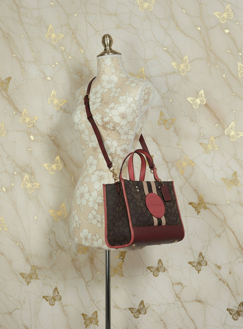 COACH DEMPSEY TOTE CARRYALL MEDIUM IN SIGNATURE JACQUARD CANVAS CENTER STRIPE STRAWBERRY HAZE