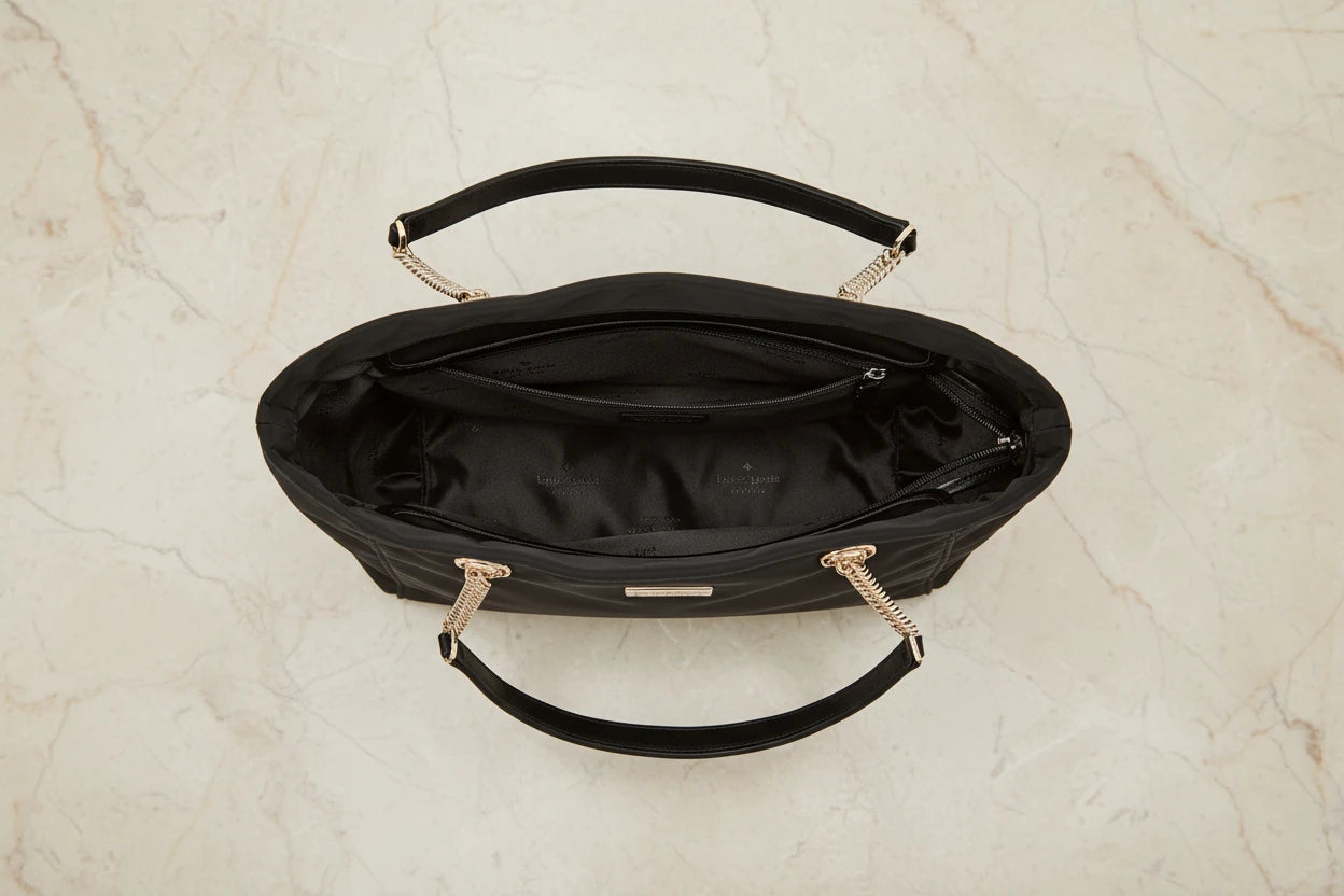 حقيبة كيت سبيد المبطنة والمزينة بالزهور - متوسطة الحجم - سوداء