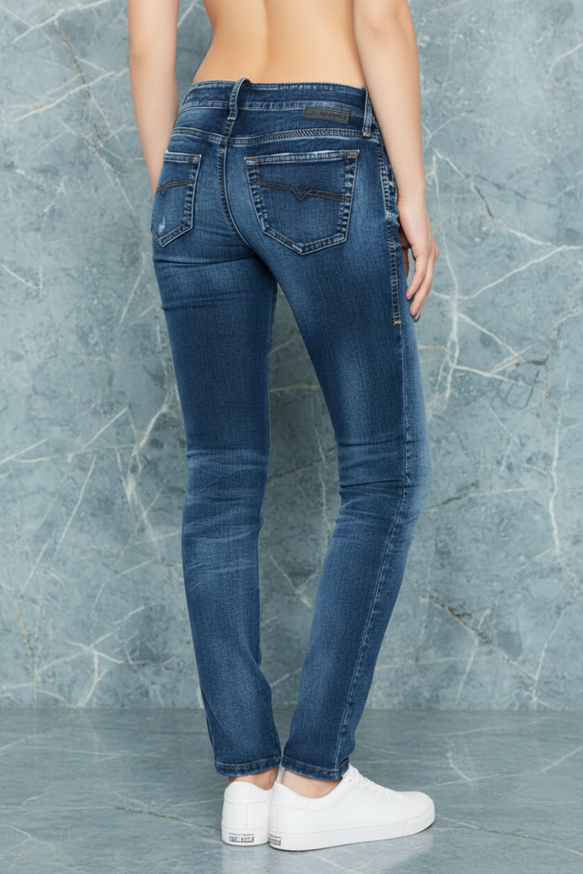 Women Grupee Slim Fit Mid Rise Straight Leg Stretch Jeans, Navy Color