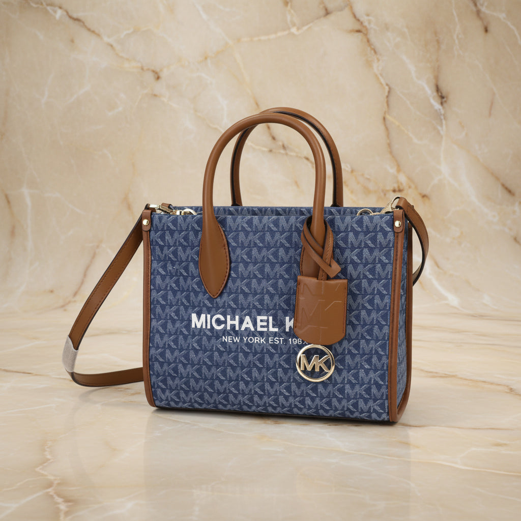 MICHAEL KORS MIRELLA SMALL SHOPPER TOP ZIP CROSSBODY BAG - DENIM MULTI LOGO