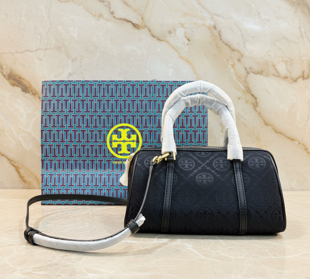 TORY BURCH PETITE JACQUARD T MONOGRAM BARREL - BLACK
