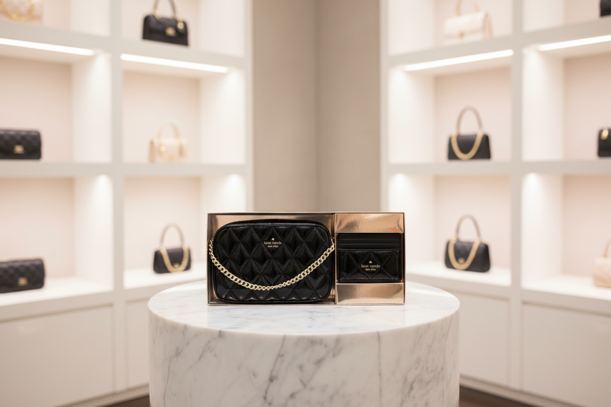 حقيبة كروسبودي من الجلد المبطن من كيت سبيد، مع حافظة بطاقات رفيعة، في علبة.