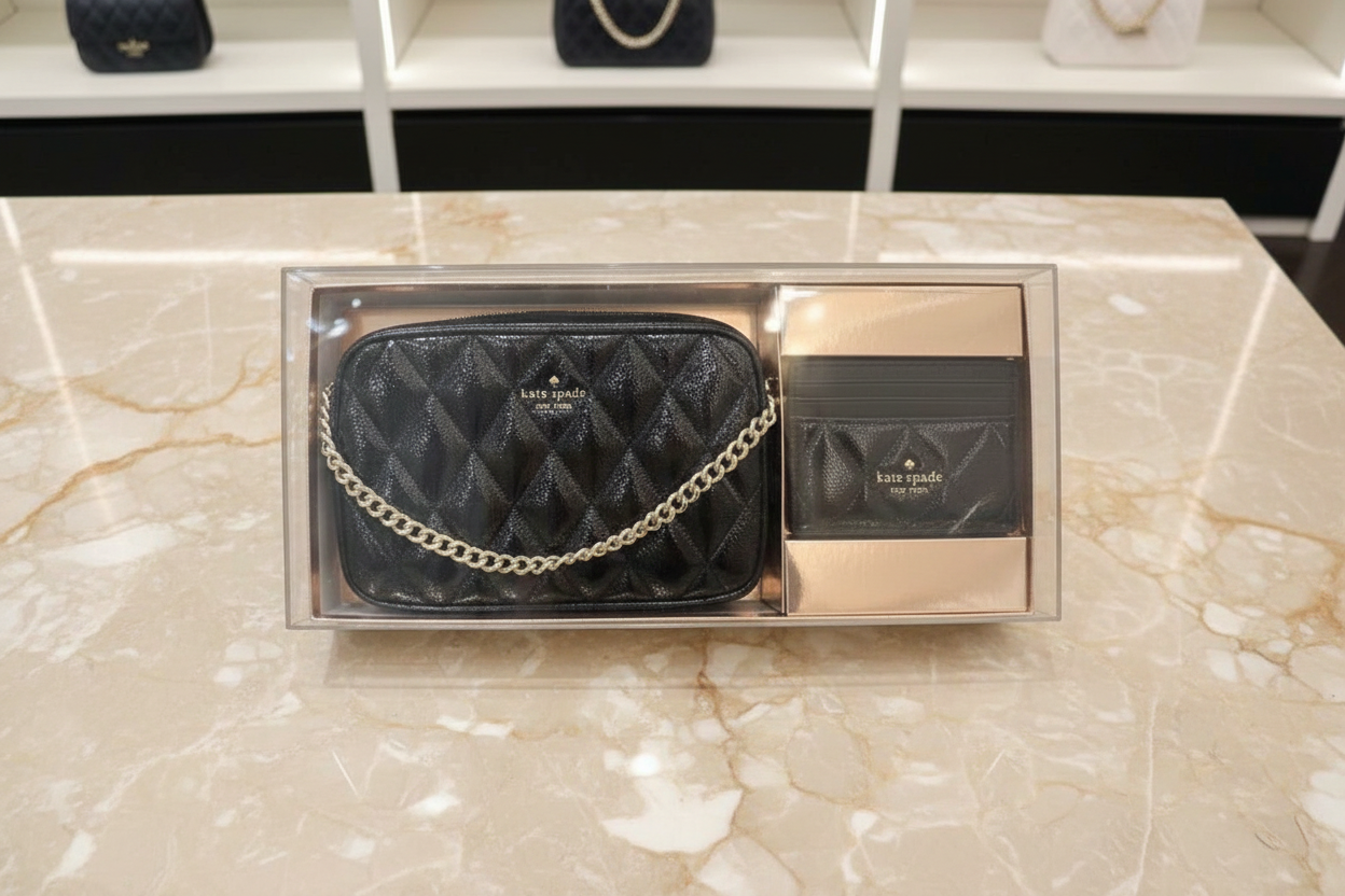 KATE SPADE. QUILTED LEATHER CROSSBODY & SLIM CARD CASE BOXED