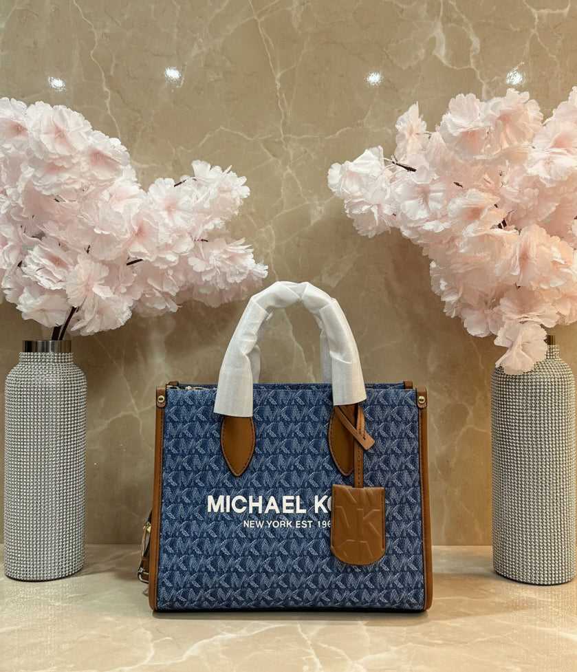 MICHAEL KORS MIRELLA SMALL SHOPPER TOP ZIP CROSSBODY BAG - DENIM MULTI LOGO