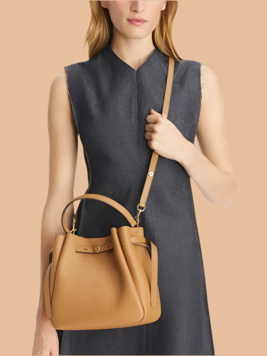 SALE!!! WITH CREASE IN FRONT DUE TO CARGO HANDLING - TORY BURCH SMALL ROMY BUCKET - BROWN