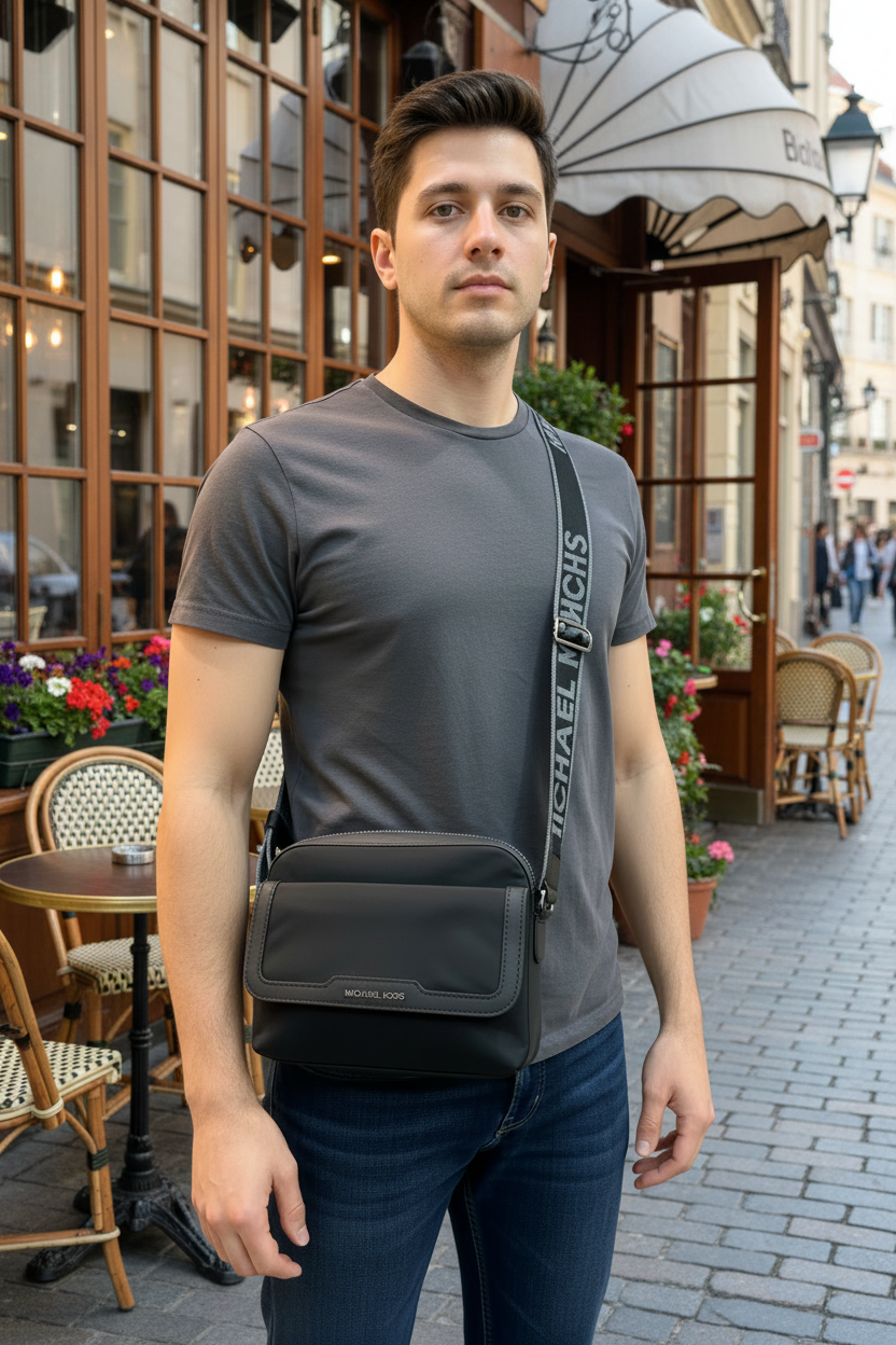 MICHAEL KORS LAUTNER MEDIUM FLAP MESSENGER - NYLON - BLACK