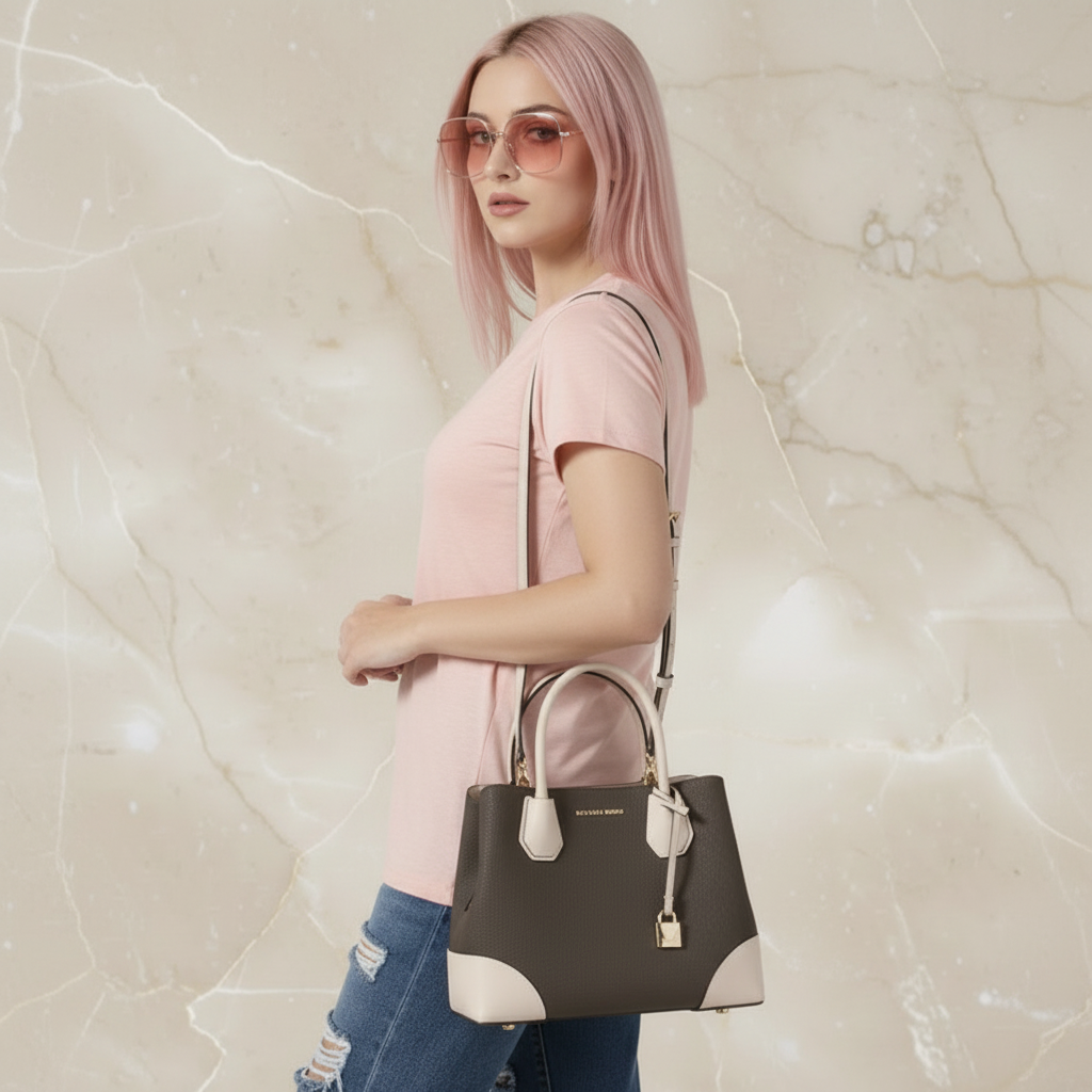 MICHAEL KORS MERCER GALLERY MEDIUM LOGO SATCHEL BAG - BROWN/SOFT PINK